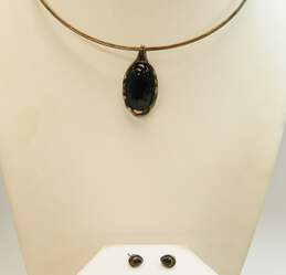ATI Mexico & Artisan 925 Modernist Onyx Cabochon Oval Pendant Collar Necklace & Teardrop Post Earrings 21.9g