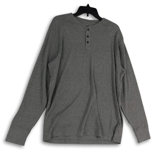 Mens Gray Henley Neck Long Sleeve Winter Pullover T-Shirt Size Large image number 1