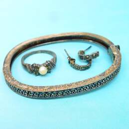 Artisan 925 Marcasite Bangle Bracelet & Faux Pearl Ring w/ Earrings 27.7g