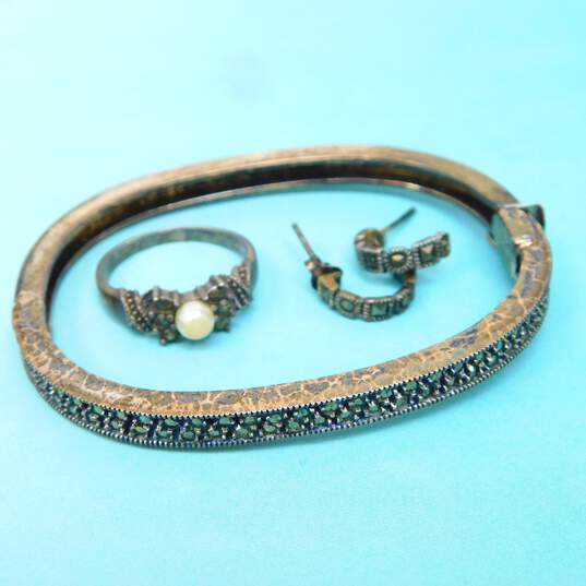 Artisan 925 Marcasite Bangle Bracelet & Faux Pearl Ring w/ Earrings 27.7g image number 1