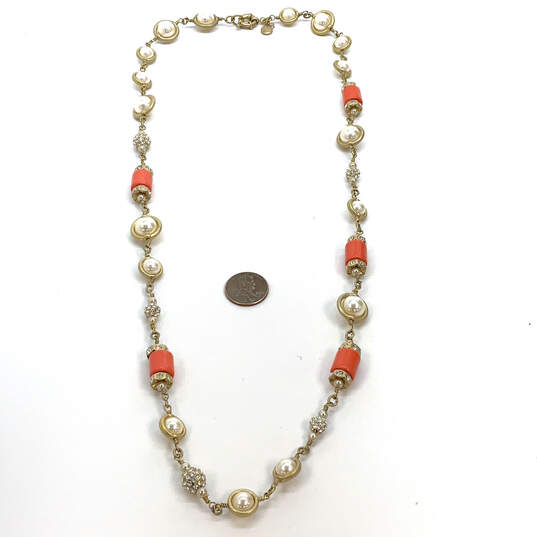 Designer J. Crew Gold-Tone Orange Faux Pearl Rhinestones Beaded Necklace image number 2
