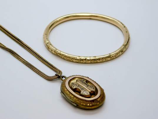 Antique Victorian Gold Filled Locket & Floral Scroll Bangle 43.7g image number 1