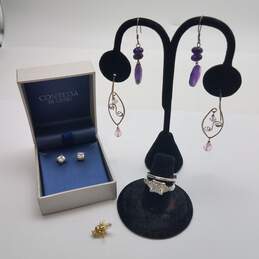 Contessa Di Capri- W / Box Sterling Silver Amethyst , CZ+ Crystal Earrings +Rings  Size 6, 6 3/4 Bundle 6 pcs 14.2g