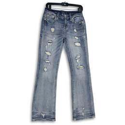 Womens Light Blue Denim Distressed 5-Pocket Design  Straight Leg Jeans Size 27
