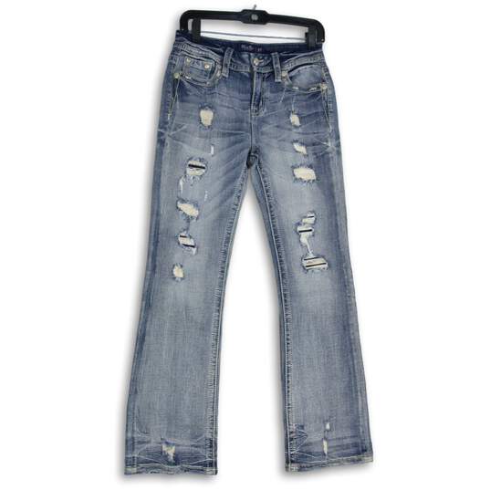 Womens Light Blue Denim Distressed 5-Pocket Design  Straight Leg Jeans Size 27 image number 1