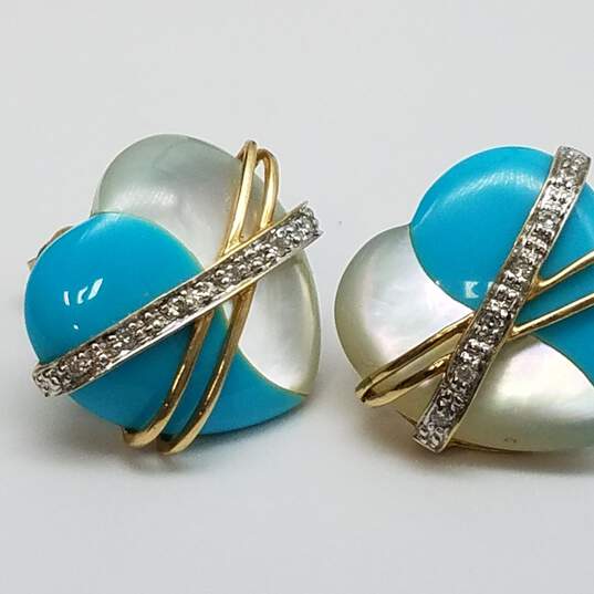 CU 14K Gold Diamond MOP Turquoise Heart Post Earrings 4.9g image number 2