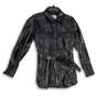 Womens Black Leather Long Sleeve Spread Collar Flap Pocket Jacket Size XS image number 1