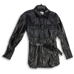 Womens Black Leather Long Sleeve Spread Collar Flap Pocket Jacket Size XS