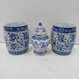 Bundle of 3 Blue and White Ceramic Vases Ginger Jar Stool Containers