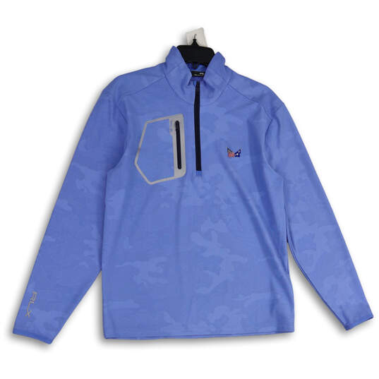 Mens Blue Camouflage Mock Neck Long Sleeve Pullover Jacket Size M image number 1