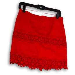 Womens Red Floral Lace Back Zip Flat Front Classic Mini Skirt Size 2