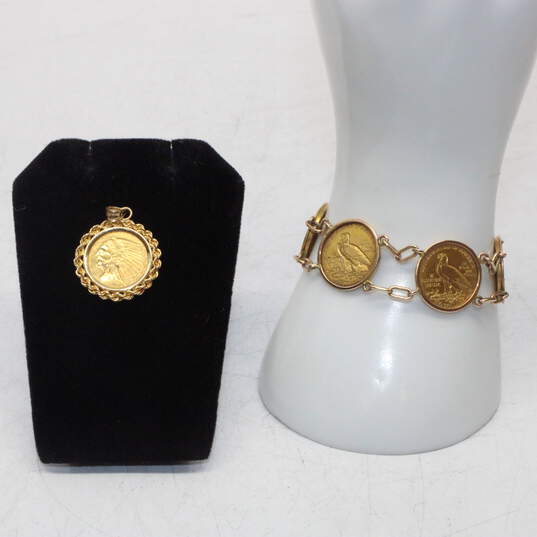 22K Yellow Gold Coin In 14K Yellow Gold Bale Pendant & Bracelet - 38.3g image number 2