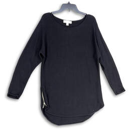 Womens Black Tight-Knit Round Neck Long Sleeve Side Zip Tunic Sweater Sz M