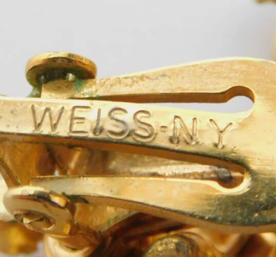 VTG Weiss Goldtone Rhinestone White Glass Enamel Leaf Clip Earrings & Brooch Set image number 5
