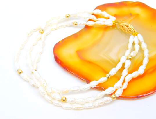 14K Gold Clasp & Ball & White Freshwater Pearl Beaded Multi Strand Bracelet 6.8g image number 4