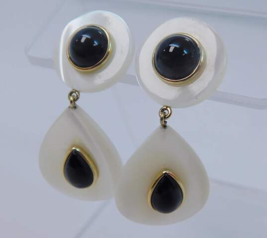 Elegant 14K Yellow Gold Onyx & Mother of Pearl Drop Earrings 7.1g image number 6