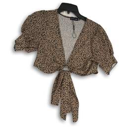Pretty Little Thing Womens Black Brown Leopard Print Wrap Blouse Top Size 4