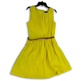 Womens Yellow Pleated Round Neck Sleeveless FIt & Flare Dress Size 10