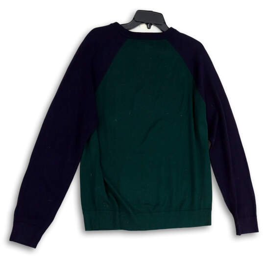 Mens Green Blue Raglan Long Sleeve Crew Neck Pullover Sweater Size Large image number 2