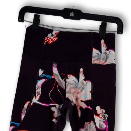 Womens Purple Floral Elastic Waist Pockets Compression Leggings Size XS image number 4