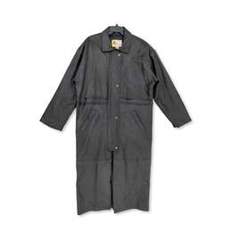 Mens Black Leather Long Sleeve Collared Pockets Trench Coat Size Large