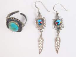 925 Vintage Turquoise Ring & Eagle/Feather Drop Earrings