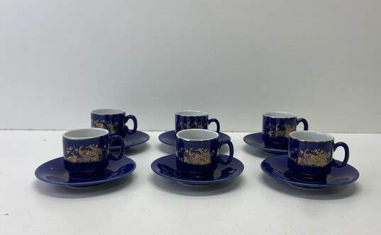 Espresso Cup and Saucer Peacock Motif Royal Blue Japan 12 pc. Set image number 2
