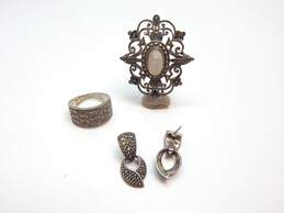 925 Artisan Mother Of Pearl Marcasite Brooch w/ Earrings & Ring 18.9g