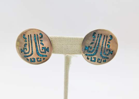 Taxco 925 Crushed Turquoise Inlay Brooch & Clip On Earrings 41.7g image number 2