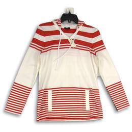 NWT Womens Red White Striped Long Sleeve Pullover Hooded T-Shirt Size Small
