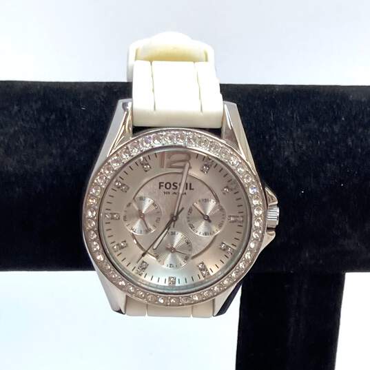 Designer Fossil ES-2344 Silver Rhinestone Chronograph Quartz Analog Wristwatch image number 1