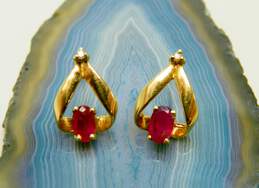14K Yellow Gold Oval Ruby Round Diamond Accent Ribbon Earrings 1.6g