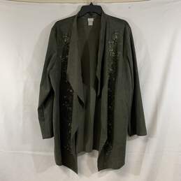 Women's Olive Chico's Embroidered Faux Suede Cardigan, Sz. 3