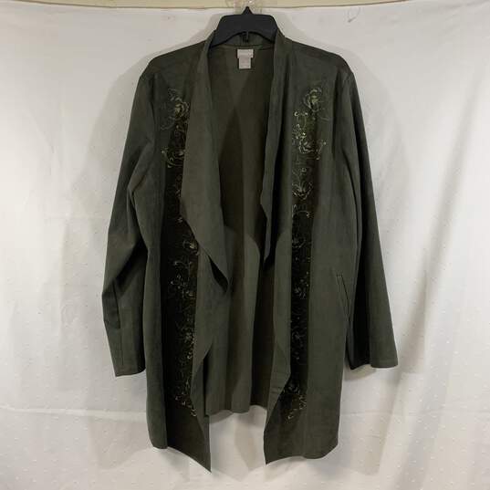 Women's Olive Chico's Embroidered Faux Suede Cardigan, Sz. 3 image number 1