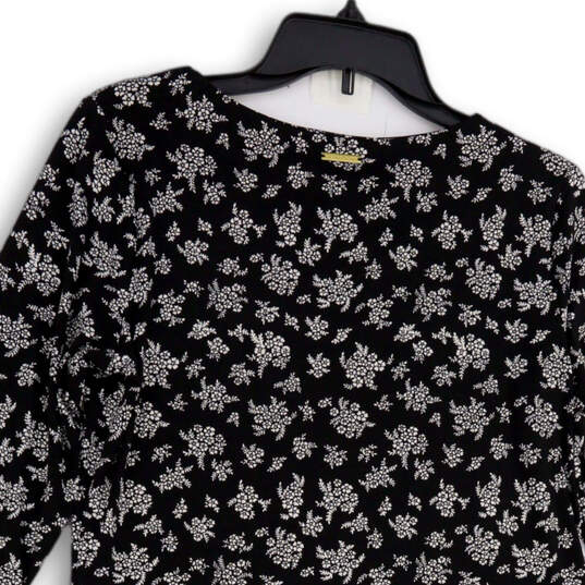 Womens Black White Floral Round Neck Long Sleeve Knee Length Shift Dress M image number 4