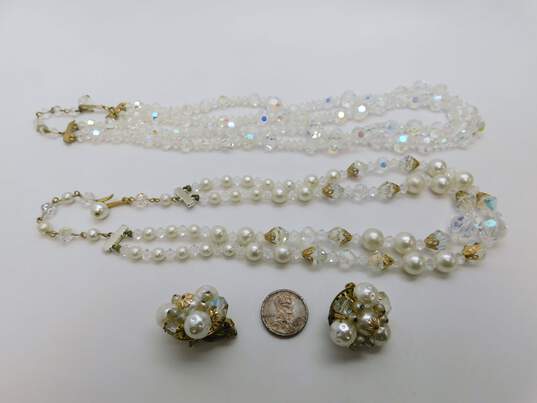 Vintage Aurora Borealis & Faux Pearl Necklace & Clip On Earrings 113.0g image number 5