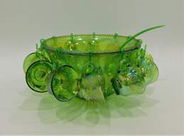 VTG Indiana Glass Princess Green Iridescent Carnival Glass Punch Bowl Set 12 Cup alternative image