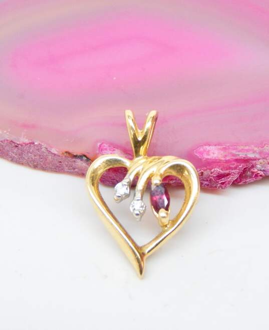 14K Yellow Gold Red Spinel & Diamond Accent Open Hear Pendant 1.4g image number 4