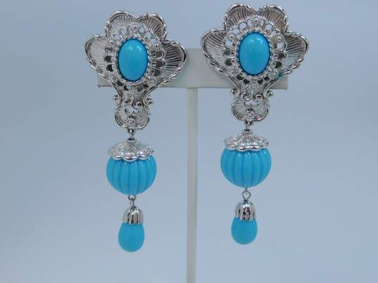 Vintage Barrera for Avon Blue & Silver Tone Clip-On Drop Dangle Earrings 40.9g image number 3