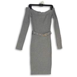 Akira Womens Gray Knitted Off The Shoulder Belted Sweater Dress Size Large