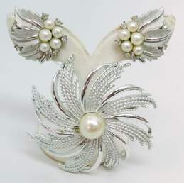 Vintage Crown Trifari & Sarah Coventry Silver Tone Faux Pearls & Rhinestones Brushed Leaves Clip On Earrings & Swirl Flower Brooch 40.3g