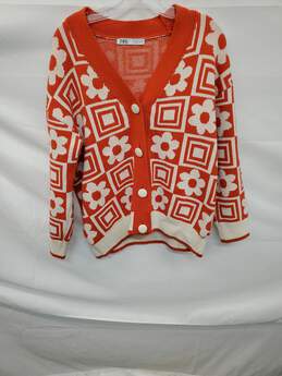 Wm Zara Orange Knit Jacquard Cardigan Button Sweater Sz S