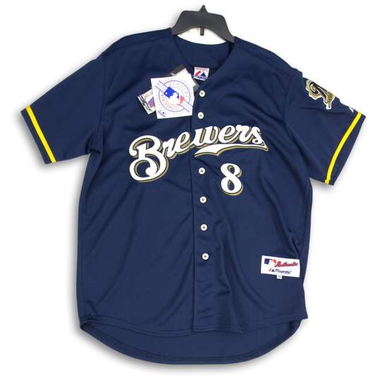 Majestic Mens Navy Gold Milwaukee #8 Genuine Major League Merchandise Jersey 50 image number 1