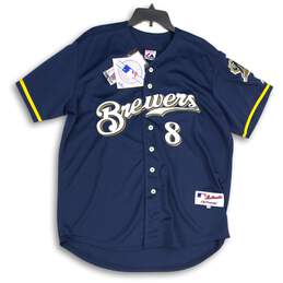 Majestic Mens Navy Gold Milwaukee #8 Genuine Major League Merchandise Jersey 50