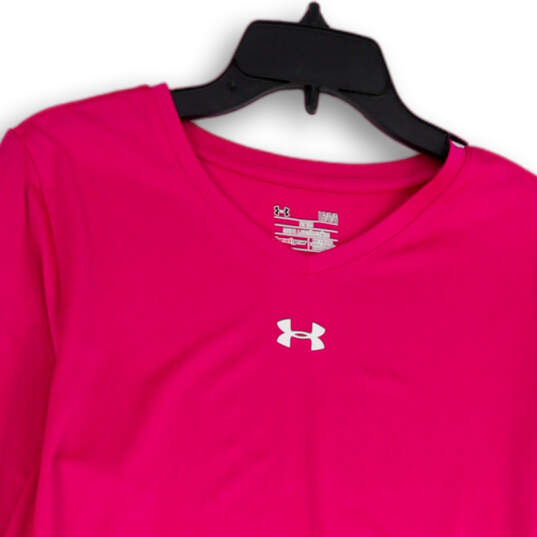 Womens Pink V-Neck Long Sleeve Heatgear Logo Pullover T-Shirt Size Large image number 3