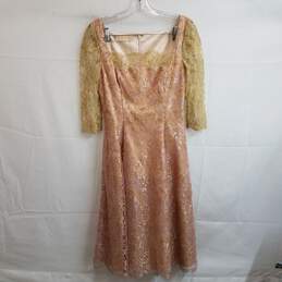 Vintage peach pink gold lace overlay tea length dress