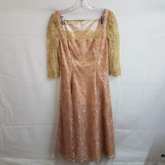 Vintage peach pink gold lace overlay tea length dress image number 1