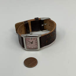 Designer Fossil Silver-Tone Rectangle Pink Dial Leather Strap Analog Watch alternative image