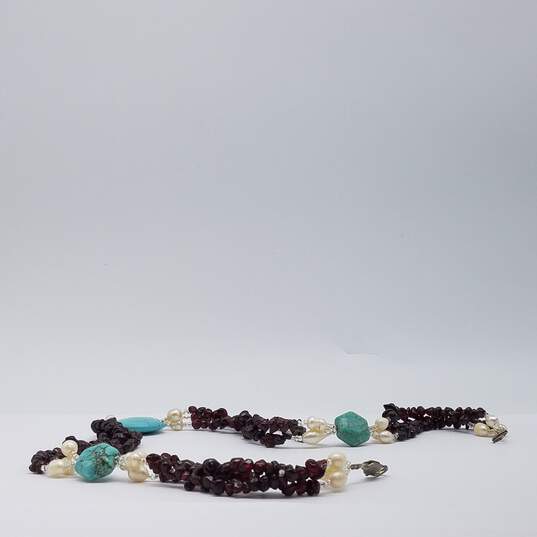 Sterling Silver Garnet Turquoise Fw Pearl Triple Strand Link Necklace 70.3g image number 4