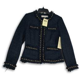 NWT Boston Proper Womens Navy Gold Pockets Long Sleeve Tweed Jacket Size 8